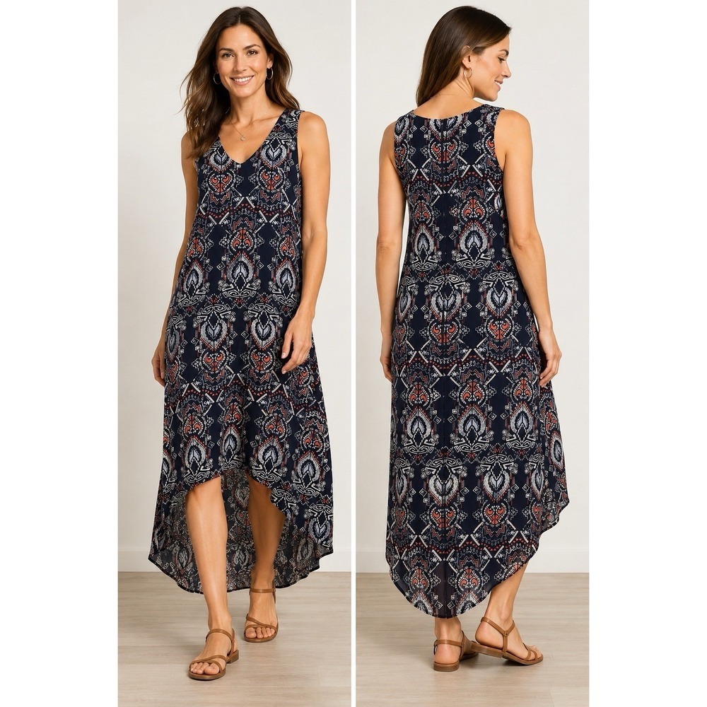 Karen Kane Women's Sleeveless Hi Low Dress Geometric Print Lined Made USA Size L